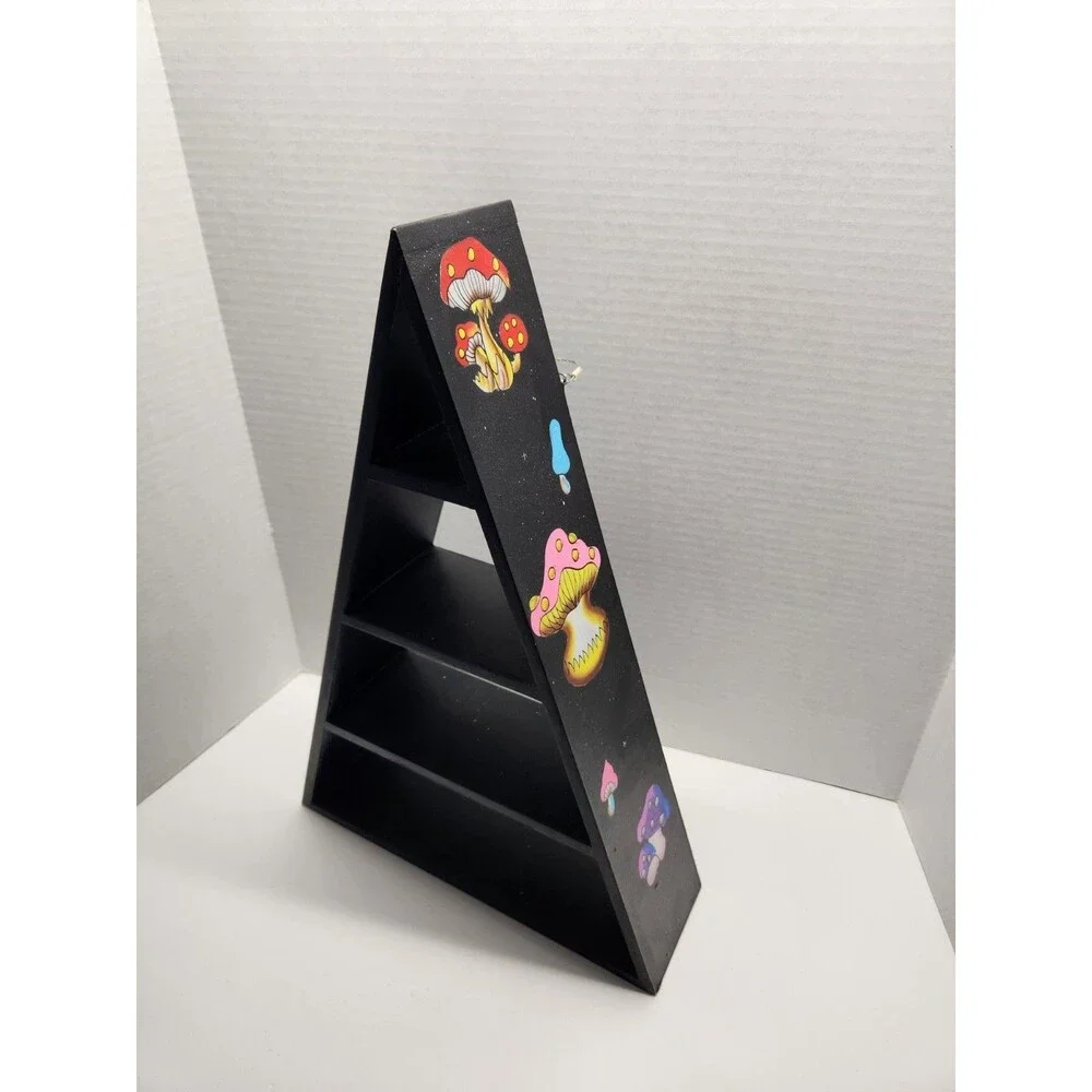 4-Tier Pyramid Shelf with Painted Mushrooms - Floating Wall Decor for Crystals